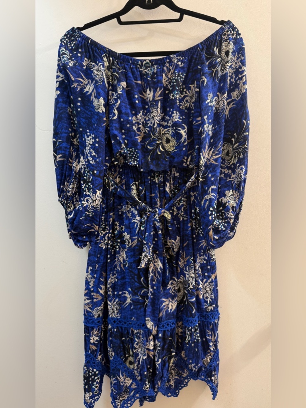 Jaase "Handshaped in the Shed" Boho Blue Floral Off-Shoulder Dress XS - Picture 2 of 12